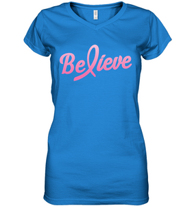 Believe - Breast Cancer Awareness Fight Womens V-neck T-Shirt