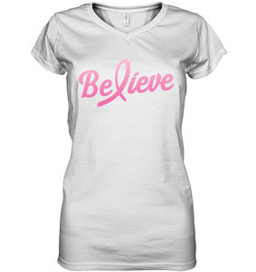 Believe - Breast Cancer Awareness Fight Womens V-neck T-Shirt